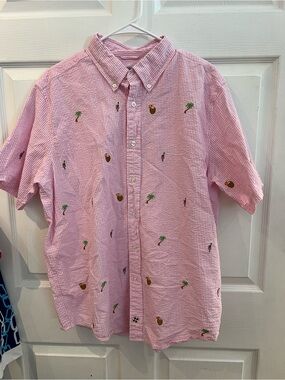 Castaway Pink Seersucker Short-Sleeve Button-Down Shirt with Tropical Embroidery